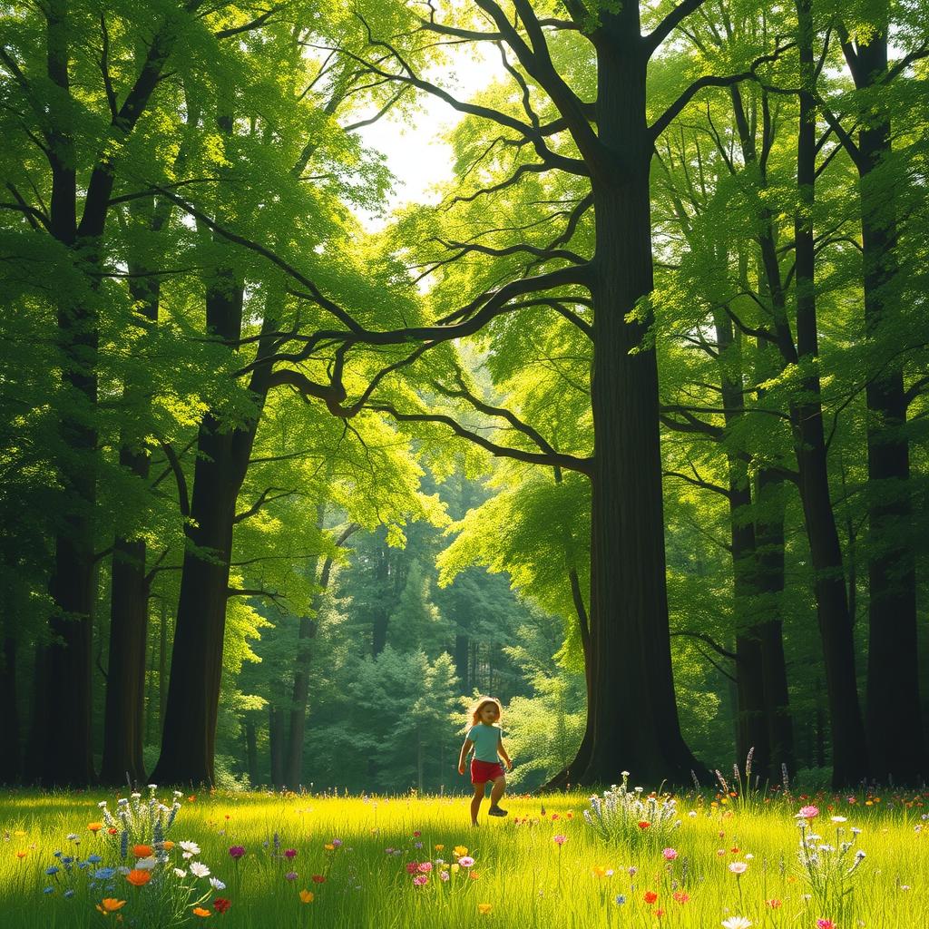 A serene scene depicting children emerging from a lush forest in the distance