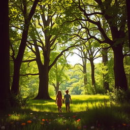 A serene scene depicting children emerging from a lush forest in the distance