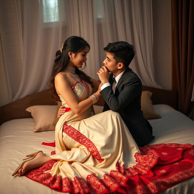 a captivating romantic scene featuring a stunning Thai woman with an attractive figure, adorned in an elegant cream and red mekhela chadar complemented by high heels