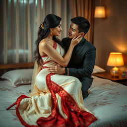 a captivating romantic scene featuring a stunning Thai woman with an attractive figure, adorned in an elegant cream and red mekhela chadar complemented by high heels