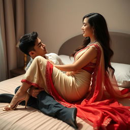 a captivating romantic scene featuring a stunning Thai woman with an attractive figure, adorned in an elegant cream and red mekhela chadar complemented by high heels