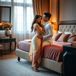 a romantic scene featuring a beautiful Thai woman with an alluring figure, wearing an elegant cream and red mekhela chadar and high heels