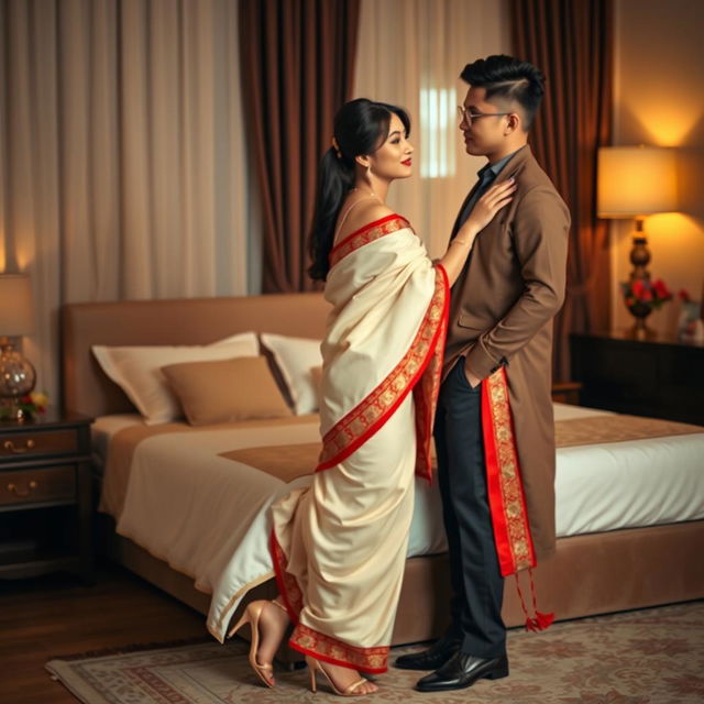 a romantic scene featuring a beautiful Thai woman with an alluring figure, wearing an elegant cream and red mekhela chadar and high heels