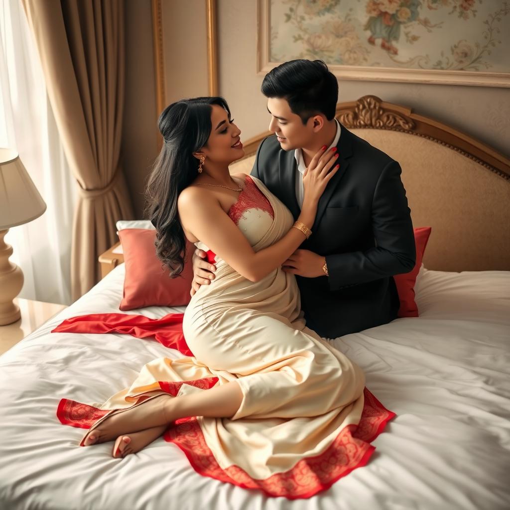 a romantic scene featuring a voluptuous Thai woman with an alluring figure, dressed in an elegant cream and red mekhela chadar and stylish high heels