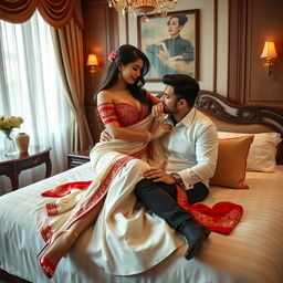 a romantic scene featuring a voluptuous Thai woman with an alluring figure, dressed in an elegant cream and red mekhela chadar and stylish high heels