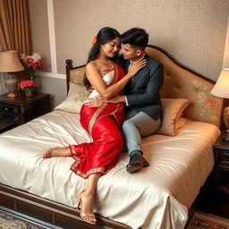 a romantic scene featuring a voluptuous Thai woman with an alluring figure, dressed in an elegant cream and red mekhela chadar and stylish high heels