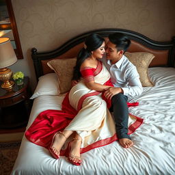 a romantic scene featuring a voluptuous Thai woman with an alluring figure, dressed in an elegant cream and red mekhela chadar and stylish high heels