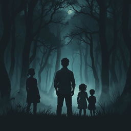 A family stands together, observing from a distance as a child emerges from a foreboding and dark forest