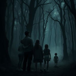 A family stands together, observing from a distance as a child emerges from a foreboding and dark forest