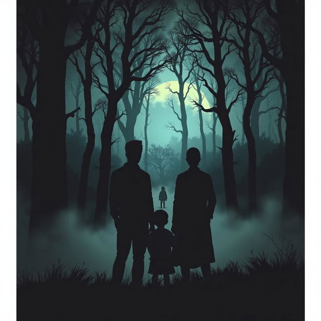 A family stands together, observing from a distance as a child emerges from a foreboding and dark forest