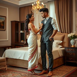 a captivating and romantic interaction between a beautiful Thai woman with an alluring figure, dressed in a cream and red mekhela chadar and high heels, and an adult male student in an elegant bedroom setting