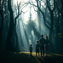 A family watches from a distance as a child emerges from a foreboding and dark forest, set against the backdrop of a bright day