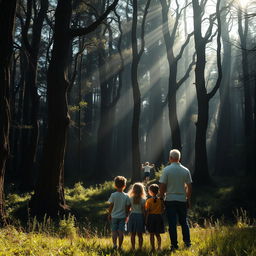 A family watches from a distance as a child emerges from a foreboding and dark forest, set against the backdrop of a bright day