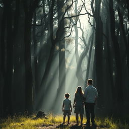 A family watches from a distance as a child emerges from a foreboding and dark forest, set against the backdrop of a bright day