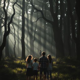 A family watches from a distance as a child emerges from a foreboding and dark forest, set against the backdrop of a bright day