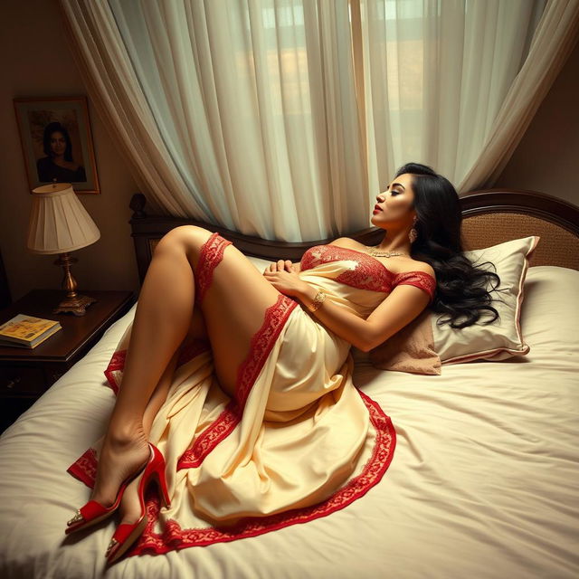 a romantic and captivating scene depicting a voluptuous Thai woman with an alluring figure, dressed in an exquisite cream and red mekhela chadar and high heels, engaging in a tender moment with an adult male student on a bed