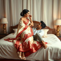 a romantic and captivating scene depicting a voluptuous Thai woman with an alluring figure, dressed in an exquisite cream and red mekhela chadar and high heels, engaging in a tender moment with an adult male student on a bed