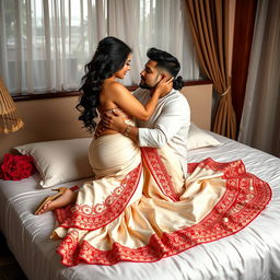 a romantic and captivating scene depicting a voluptuous Thai woman with an alluring figure, dressed in an exquisite cream and red mekhela chadar and high heels, engaging in a tender moment with an adult male student on a bed