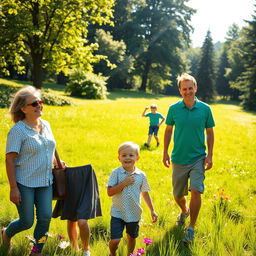 A family in a park on a beautiful sunny day