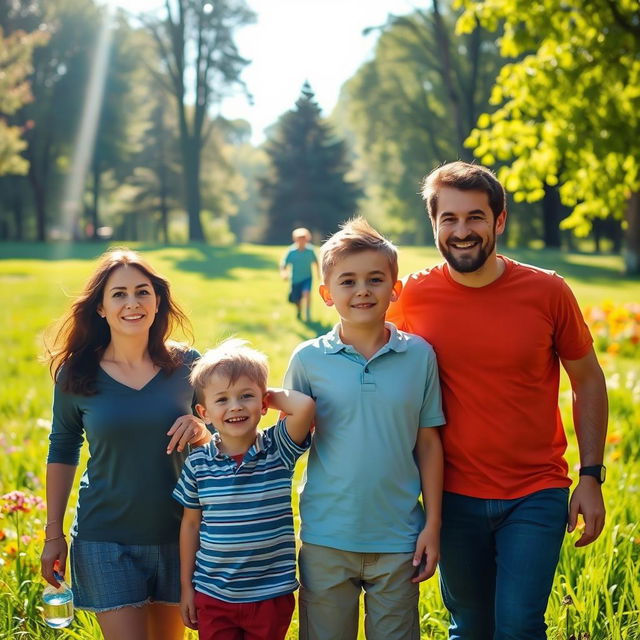 A family in a park on a beautiful sunny day