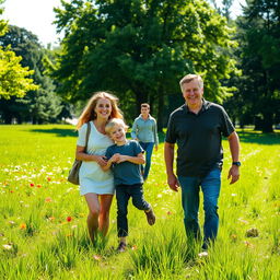 A family in a park on a beautiful sunny day