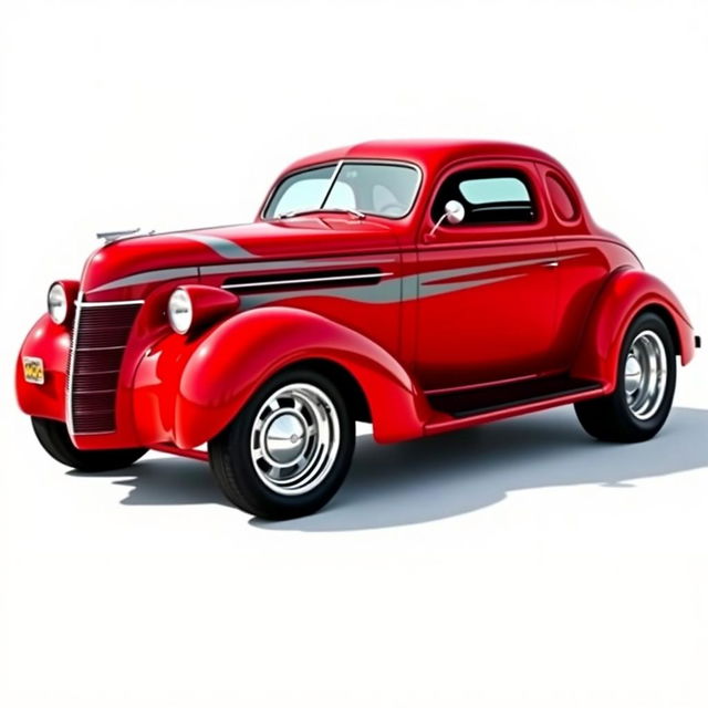 A 1939 Chevrolet Coupe in a striking cherry red color with gray stripes