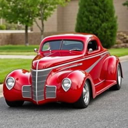 A 1939 Chevrolet Coupe in a striking cherry red color with gray stripes