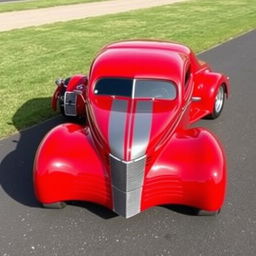 A 1939 Chevrolet Coupe in a striking cherry red color with gray stripes