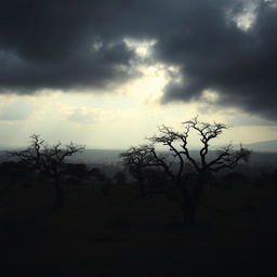 A spooky daytime landscape over Mozambique, featuring dark clouds looming ominously over the savannah, with twisted trees and eerie shadows cast on the ground