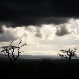 A spooky daytime landscape over Mozambique, featuring dark clouds looming ominously over the savannah, with twisted trees and eerie shadows cast on the ground