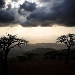 A spooky daytime landscape over Mozambique, featuring dark clouds looming ominously over the savannah, with twisted trees and eerie shadows cast on the ground