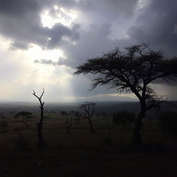 A spooky daytime landscape over Mozambique, featuring dark clouds looming ominously over the savannah, with twisted trees and eerie shadows cast on the ground