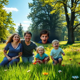 A family in a park on a beautiful sunny day