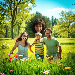 A family in a park on a beautiful sunny day