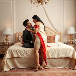 a romantic and alluring scene featuring a voluptuous Thai woman with an attractive figure wearing a cream and red mekhela chadar and high heels