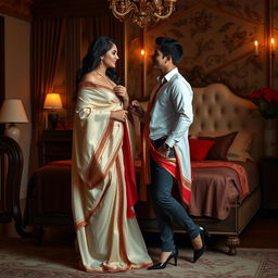 a sultry and enchanting scene featuring a voluptuous Thai woman with an alluring presence, dressed in a flowing cream and red mekhela chadar and high heels, sharing a romantic moment with an adult male student in a luxuriously decorated bedroom