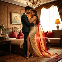 a sultry and enchanting scene featuring a voluptuous Thai woman with an alluring presence, dressed in a flowing cream and red mekhela chadar and high heels, sharing a romantic moment with an adult male student in a luxuriously decorated bedroom