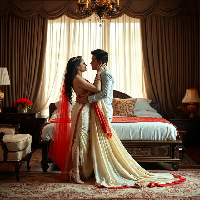 a sultry and enchanting scene featuring a voluptuous Thai woman with an alluring presence, dressed in a flowing cream and red mekhela chadar and high heels, sharing a romantic moment with an adult male student in a luxuriously decorated bedroom