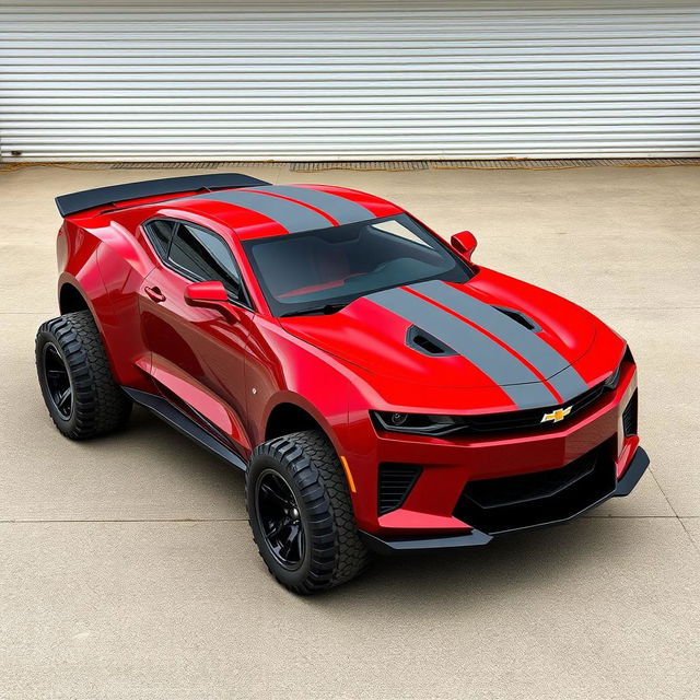 A futuristic 2024 Camaro fusion supercar with cherry red color and bold gray stripes, seamlessly merging design elements from a 1939 Chevrolet Coupe