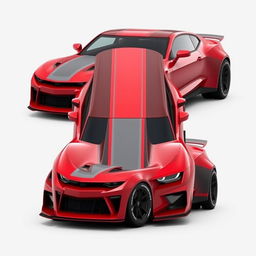 A futuristic 2024 Camaro fusion supercar with cherry red color and bold gray stripes, seamlessly merging design elements from a 1939 Chevrolet Coupe