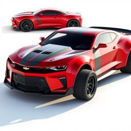 A futuristic 2024 Camaro fusion supercar with cherry red color and bold gray stripes, seamlessly merging design elements from a 1939 Chevrolet Coupe