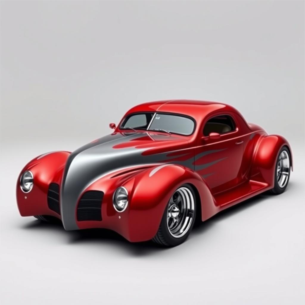 A 1939 Chevrolet Coupe transformed into a fusion supercar, featuring a cherry red color with striking gray stripes