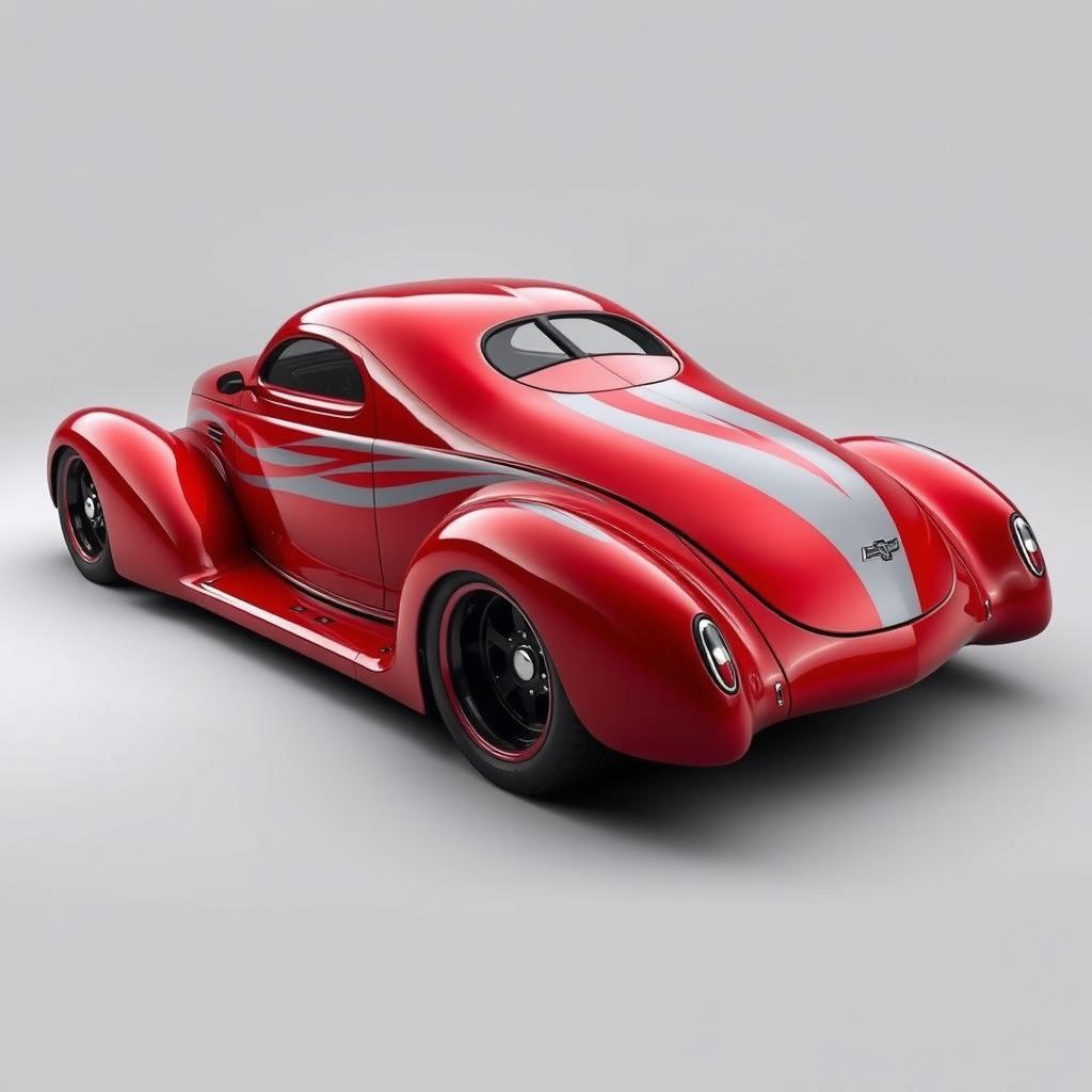 A 1939 Chevrolet Coupe transformed into a fusion supercar, featuring a cherry red color with striking gray stripes