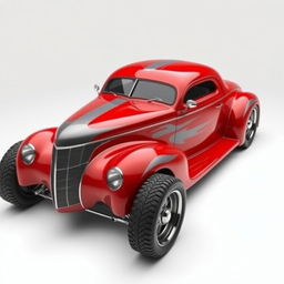 A 1939 Chevrolet Coupe transformed into a fusion supercar, featuring a cherry red color with striking gray stripes