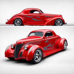 A 1939 Chevrolet Coupe transformed into a fusion supercar, featuring a cherry red color with striking gray stripes