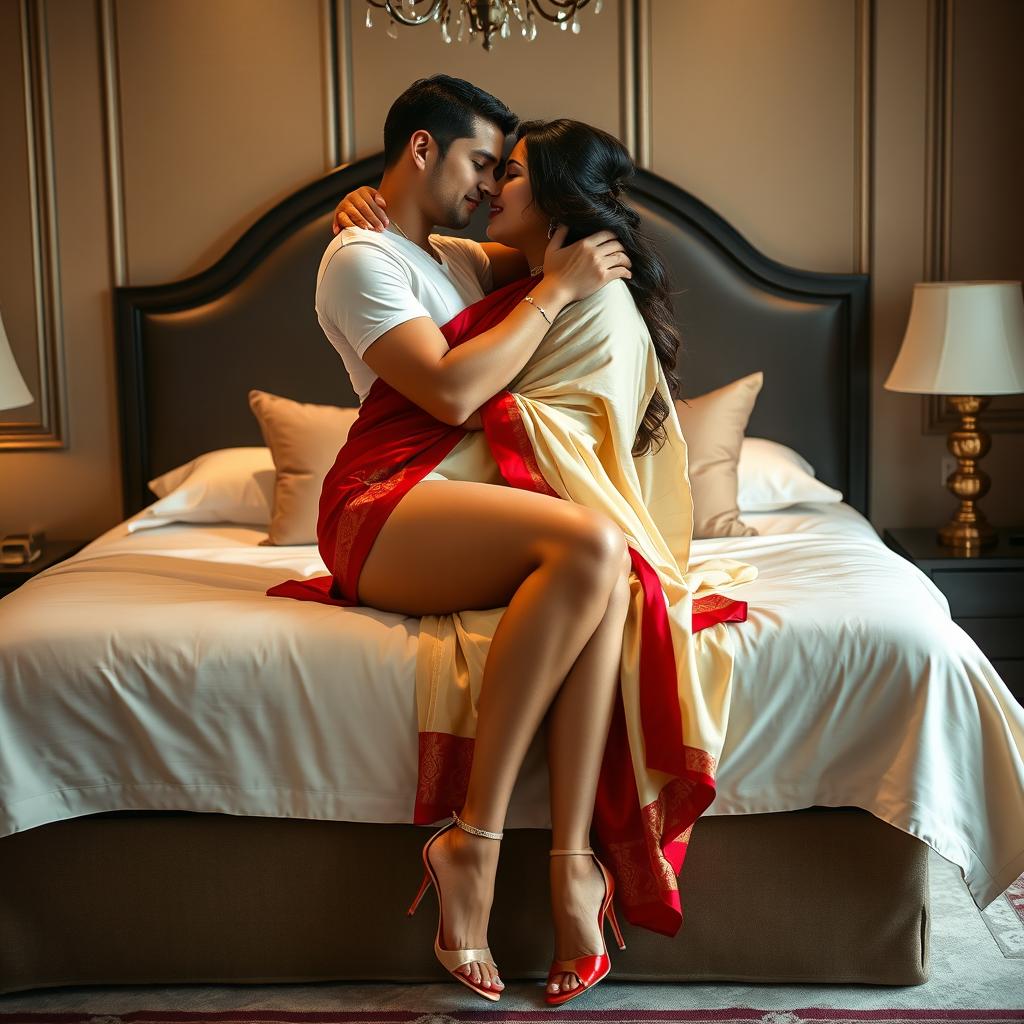 an enticing and romantic scene featuring a voluptuous Thai woman with a captivating figure, wearing a beautiful cream and red mekhela chadar and chic high heels