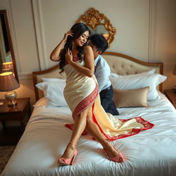 an enticing and romantic scene featuring a voluptuous Thai woman with a captivating figure, wearing a beautiful cream and red mekhela chadar and chic high heels