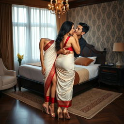 a sensuous scene featuring a voluptuous Thai woman with an alluring figure, dressed in an elegant cream and red mekhela chadar and stylish high heels