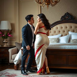 a sensuous scene featuring a voluptuous Thai woman with an alluring figure, dressed in an elegant cream and red mekhela chadar and stylish high heels