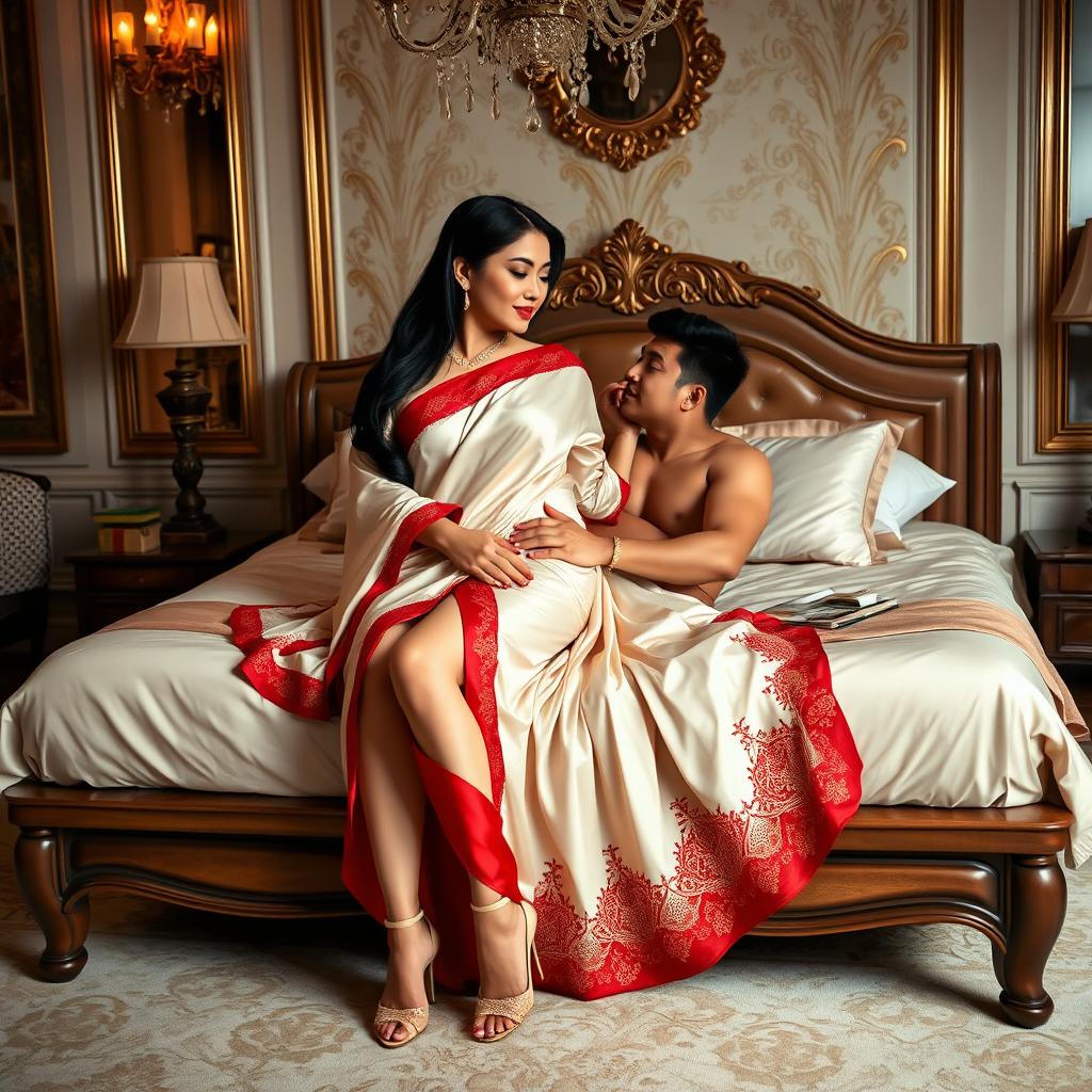 a sultry and evocative scene featuring a voluptuous Thai woman with a captivating figure, dressed in an elegant cream and red mekhela chadar and high heels, sharing a tender, romantic moment with an adult male student on a bed